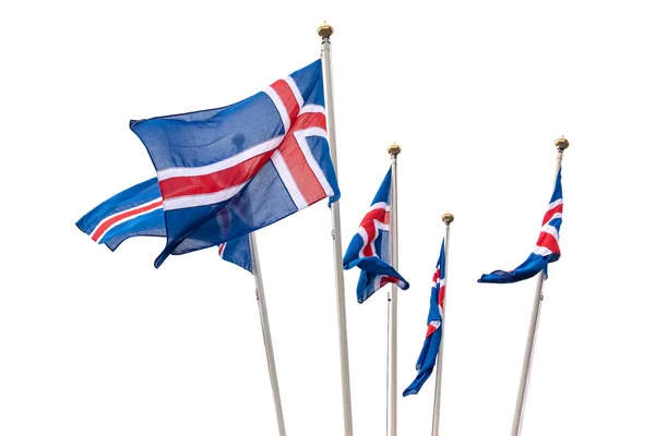 Ισλανδικές σημαίες απομονωμένες σε λευκό. Κλείσιμο κυματίζει σημαία της Ισλανδίας. — Φωτογραφία Αρχείου