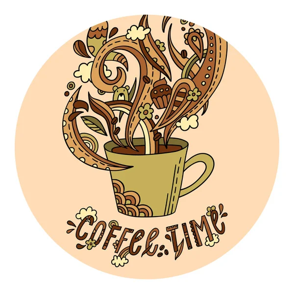 Adesivo redondo com uma xícara de café. Xícara de café e vapor ornamentado em estilo doodle. Adesivo bonito com um copo decorativo. —  Vetores de Stock