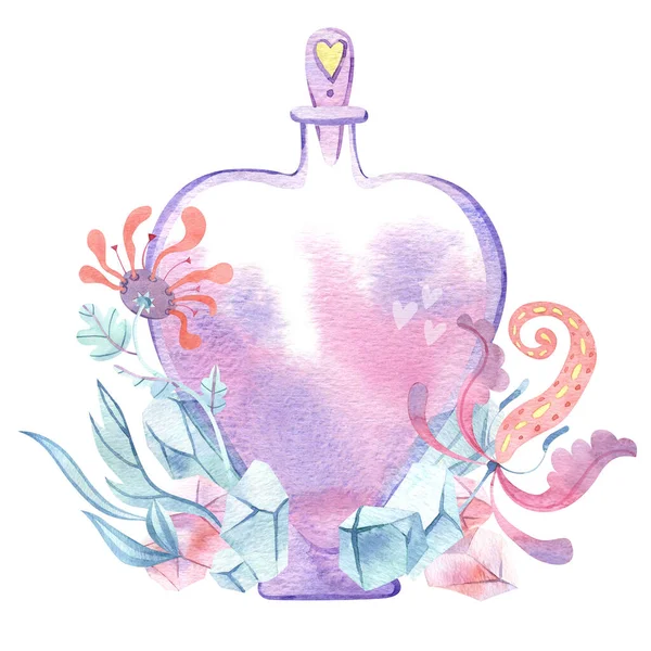 Aquarell magische herzförmige Flasche mit Kristallen und floralen Elementen. Glasparfümflasche, Elixier oder Gift. Valentinstag-Design. — Stockfoto