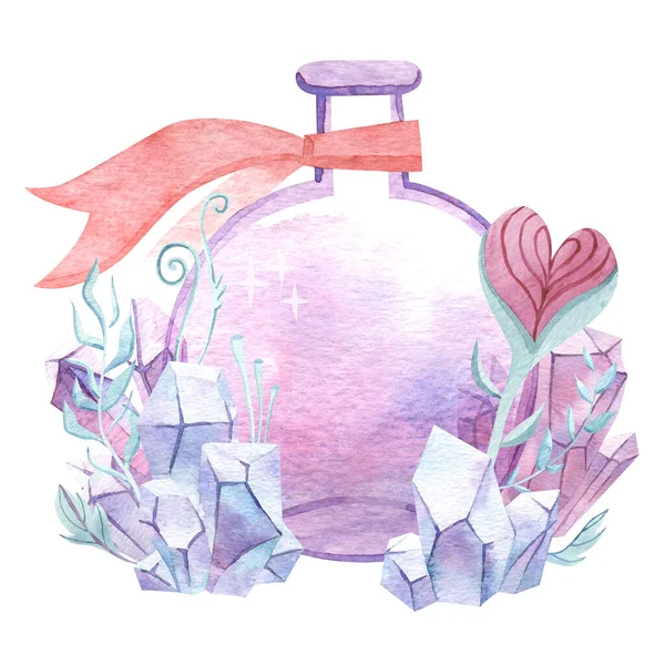 Aquarel magische ronde fles met kristallen en hartvormige bloemenelement. Parfumerlenmeyer, elixer of vergif. Valentijnsdag ontwerp. — Stockfoto