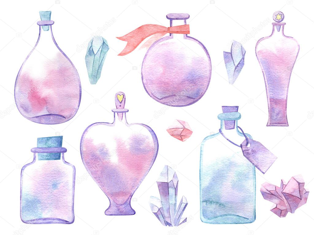 Watercolor set of magic bottles and crystals. Glass perfume flask, elixir or poison.