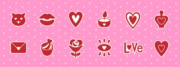 Red Valentine icon set. Love and romance attribute stickers. — Stock Vector