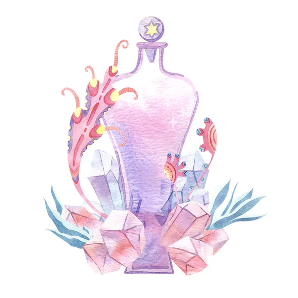 Aquarell magische herzförmige Flasche mit Kristallen und floralen Elementen. Glasparfümflasche, Elixier oder Gift. Valentinstag-Design. — Stockfoto