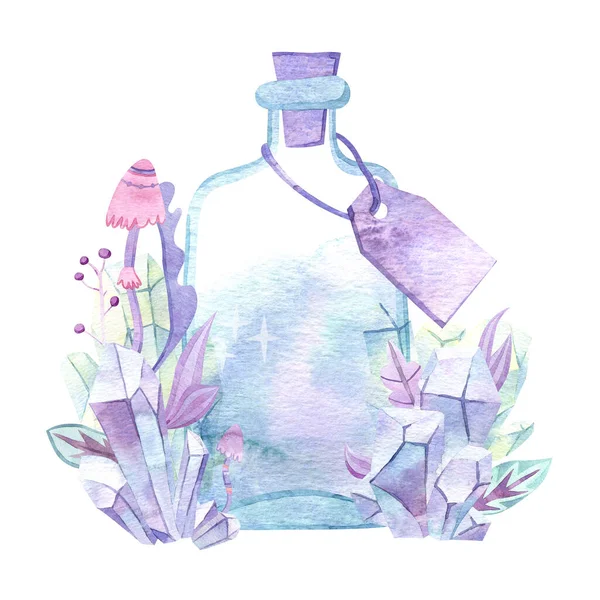 Botella mágica acuarela con cristales y elementos florales. Frasco de perfume de vidrio, elixir o veneno. — Foto de Stock