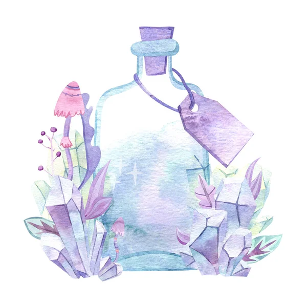 Акварельна чарівна пляшка з кристалами та квітковими елементами. Скляна парфумерна колба, еліксир або отрута . — стокове фото