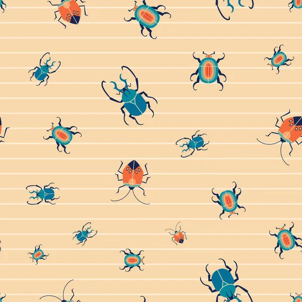 Retro bug seamless pattern. Vector pattern with stripes and bugs. — Vector de stock