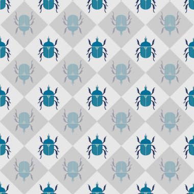 Dama tahtası retro böceğiyle vektör kusursuz desen. Beyaz arka planda böcekleri olan zarif geometrik baskı..