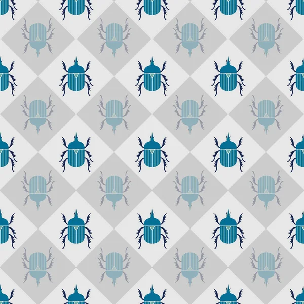 Vector seamless pattern with checkerboard retro beetle. Elegant geometric print with beetles on a white background. — Vector de stock