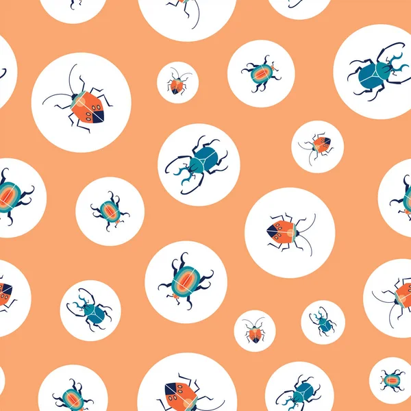 Retro bug in circles. Seamless pattern. Vector geometric print with different bugs on orange background. — Vector de stock