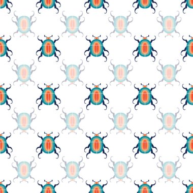 Dama tahtası retro böceğiyle vektör kusursuz desen. Beyaz arka planda böcekleri olan zarif geometrik baskı..
