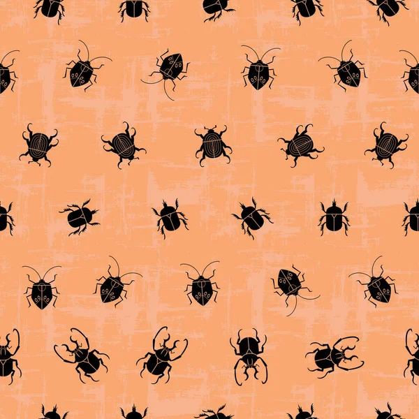 Bichos negros patrón sin costuras. Impresión vectorial con diferentes errores sobre fondo de murmullo naranja. — Vector de stock