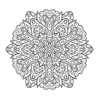 Siyah ve beyaz süs mandala dairesi. Joga logosu. Boyama sayfası. Zen sanat odaklı tasarım. Kutsal Geometri, dövme, tişört, baskı tasarımı.