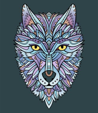 Mavi çizgi sanatı kurt kafası. Süslü kurt maskotlu yetişkin boyama sayfası. Hayvan Zen Sanatı.