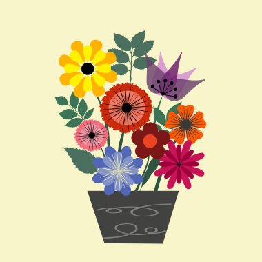 Vazodaki rengarenk bahar çiçeklerinin rengarenk retro tarzının soyut çizimi