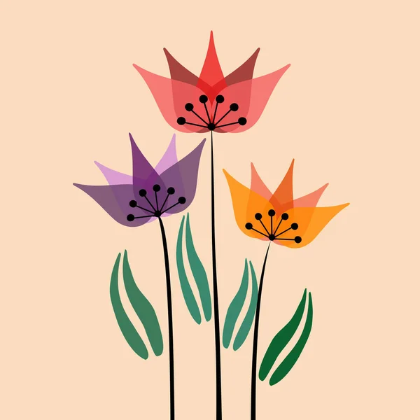 Ρετρό Στυλ Εικονογράφηση Πολύχρωμα Λουλούδια Τουλίπα Πράσινα Φύλλα Παστέλ Φόντο — Φωτογραφία Αρχείου
