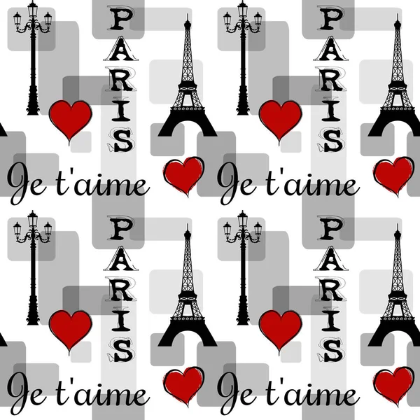 Seamless Paris Κείμενο Σχέδιο Εικονογράφηση Κόκκινες Καρδιές Πύργος Του Άιφελ — Φωτογραφία Αρχείου