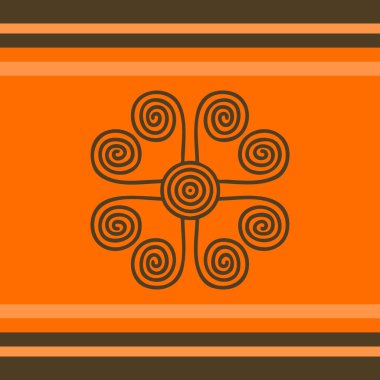 Afrika kabilesinin girdap dekorasyonu ve kahverengi ve turuncu çizgili arka planına sahip yerli etnik illüstrasyon