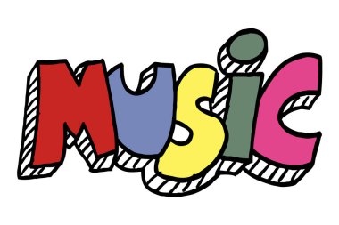 Beyaz arkaplanda renkli harflerle Retro tarzı müzik metni tasarımı çizimi
