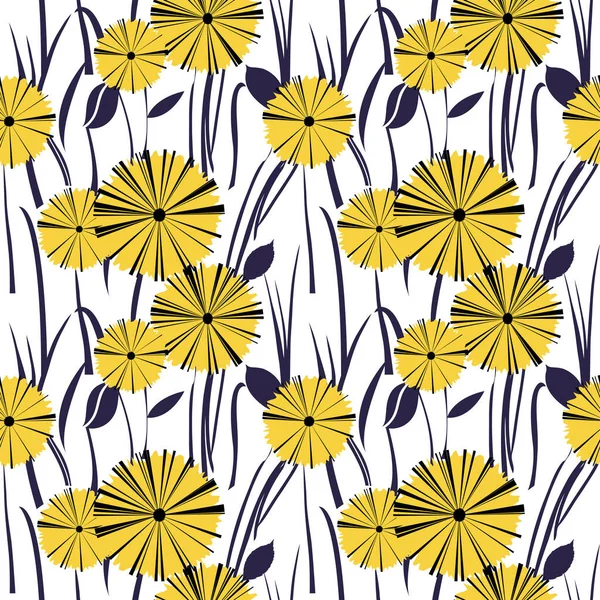 Sömlös Retro Stil Illustration Med Gula Blommor Och Blå Blad Royaltyfria Stockfoton