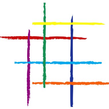 Gökkuşağı renklerinde (yeşil, kırmızı, sarı, mor, turuncu, koyu ve açık mavi) grunge çizgilerinin beyaz arkaplanda barış çizimi