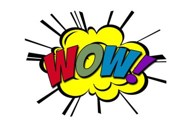 Vow kelime pop sanat retro illüstrasyon renkli harfler ve beyaz arka planda sarı bulut süsleme