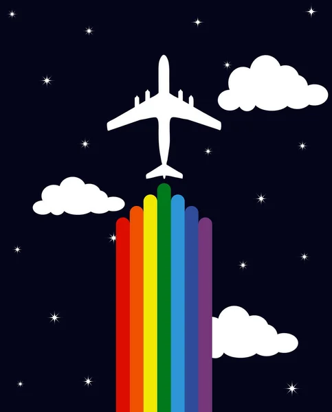 Illustration Rainbow Airplane Starry Night Cloudy Sky — Stock Photo, Image