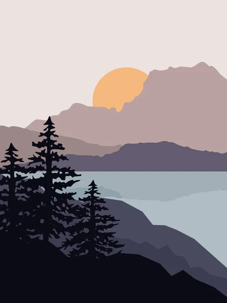 Abstract Illustration Colorful Mountain Lake Sunrise Sun Mountain Peaks Pine — Stock Photo, Image