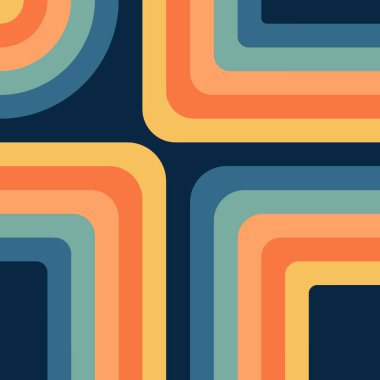 Lacivert arkaplanda soyut retro stil çizimi (sarı, turuncu, mavi, turkuaz) geometrik şekiller