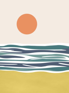 Mavi deniz dalgaları, kumlu plaj ve güneş süslemeleri ile soyut deniz manzarası çizimi