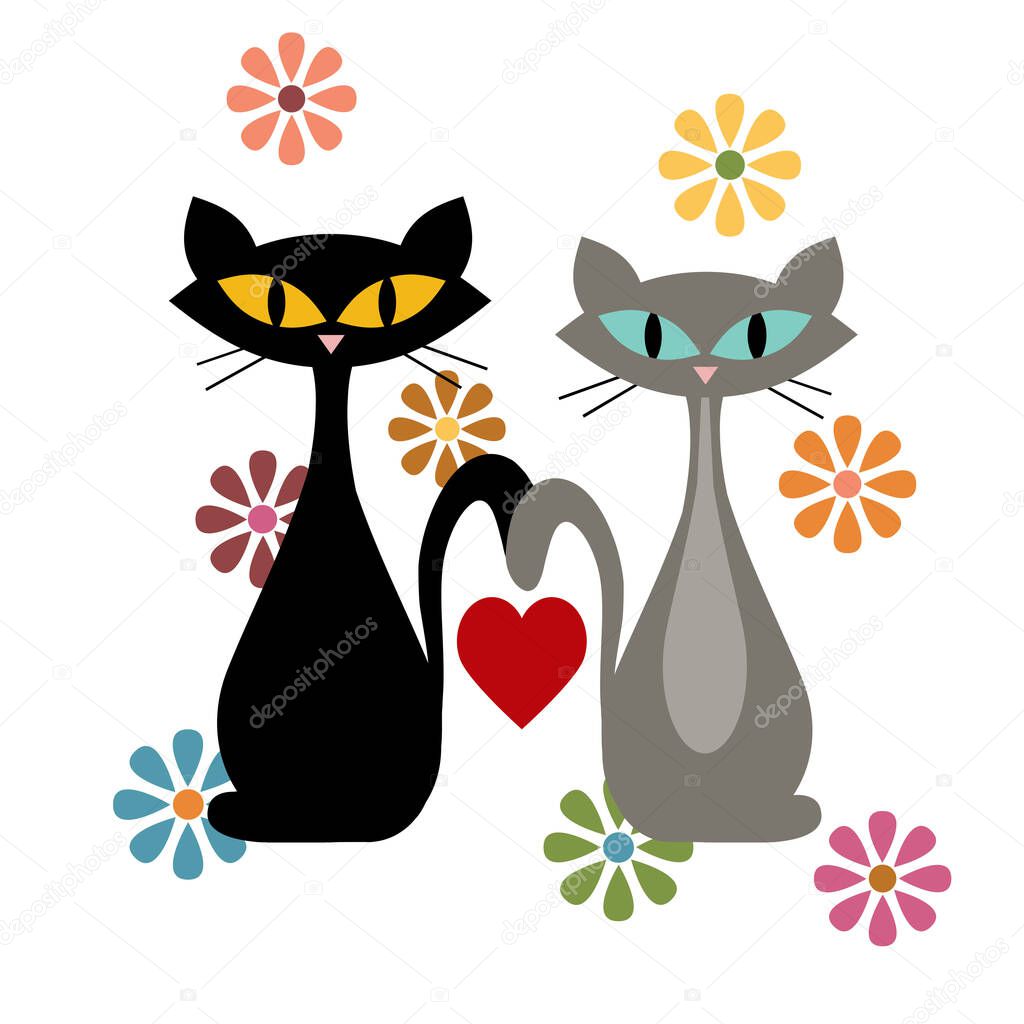 Colorful abstract Mid Century style illustration with black cat, grey cat, red heart  and colorful flowers decoration on white background