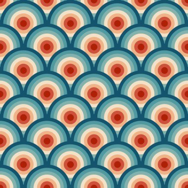 Japon renksiz renklerinin soyut çizimi (kırmızı, turuncu, bej, mavi, turkuaz, lacivert) Seigaiha dalga deseni retro tarzı 