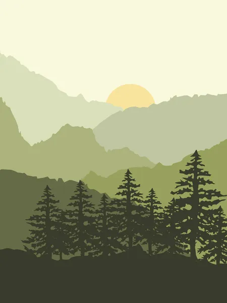 概要パステルを背景に太陽と松の木の装飾と日の出イラストでカラフルな山の景色 — ストック写真