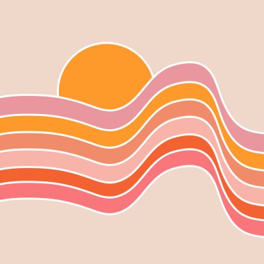 Renkli (sarı, turuncu, pembe, mor, kahverengi) rengarenk bulutlu soyut retro stil gündoğumu çizimi