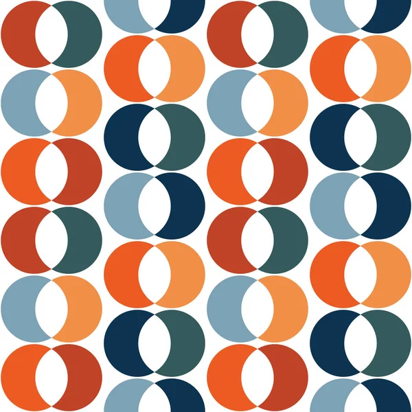 カラフルな オレンジ ネイビーブルー ライトブルー レッド ターコイズブルー とシームレスな幾何学的なミッドセンチュリーインスピレーションパターン白い背景に半円形の装飾 — ストック写真