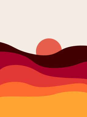 Abstract colorful seascape illustration with red and orange waves, sandy beach and sunset decoration