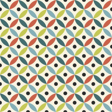 Renkli (yeşil, kırmızı, mavi, turkuaz) yıldız ve bej arkaplanda siyah noktalar desenli pürüzsüz Yüzyıl ortası ilham deseni