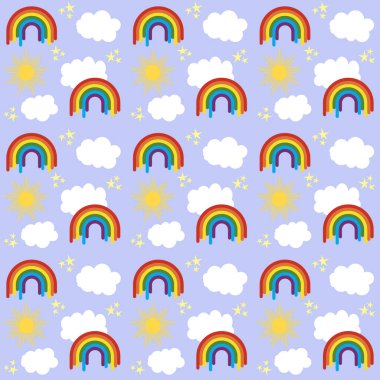 Gökkuşağı, güneş, bulutlar ve yıldızlar çocuklar için mavi gökyüzü desenli kusursuz renkli bir tasvir.