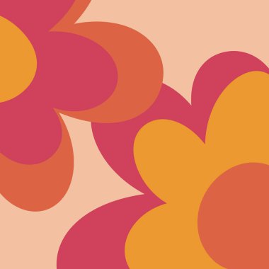 Soyut retro tarzı çiçek çizimi, sarı, pembe ve turuncu yapraklı pastel pembe arka plan süslemesi.