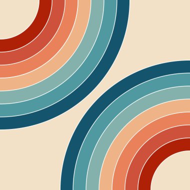 Kırmızı, turuncu, turkuaz, açık mavi ve lacivert renklerde bej arka planda retro tarzı gökkuşağı tasarımının soyut çizimi