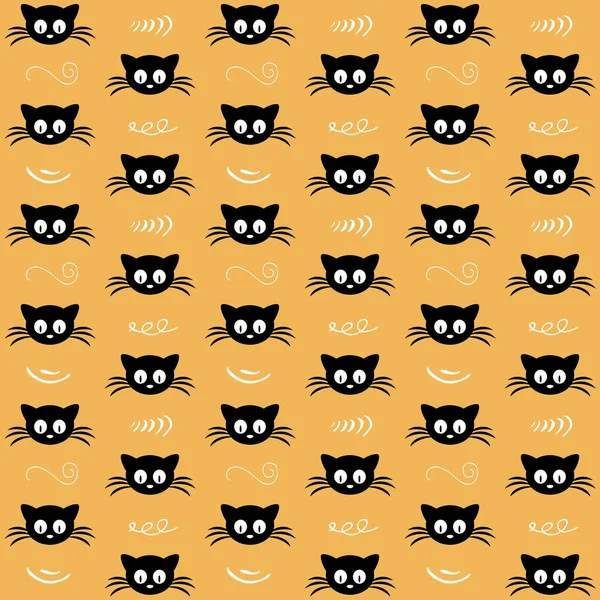 Cute abstract seamless black cat pattern with white swirls decoration on yellow background