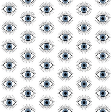 Abstract seamless blue evil eye pattern design with black eyelashes decoration on white background
