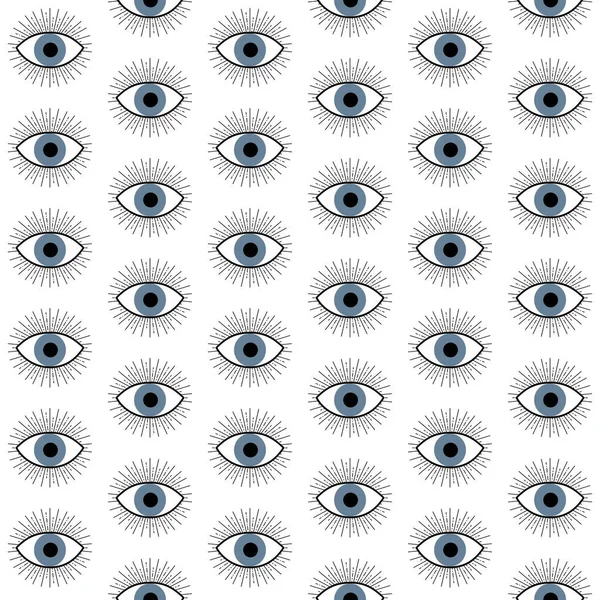 Abstract seamless blue evil eye pattern design with black eyelashes decoration on white background