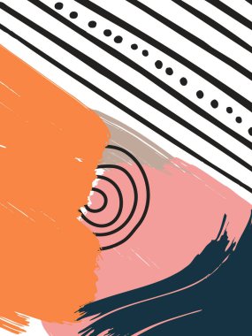 Siyah noktalar, siyah ve beyaz köşegen çizgileri ve pembe, bej, turuncu ve lacivert düzensiz grunge şekilleri olan soyut çağdaş tasarım.