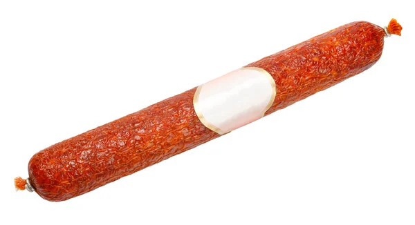 Demi seco salame stick com etiqueta em branco — Fotografia de Stock