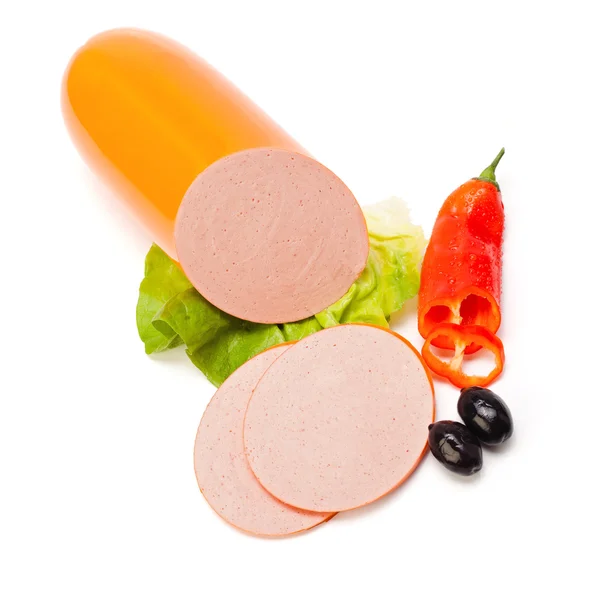 Simple bologna sausage and slices — Stock Photo, Image