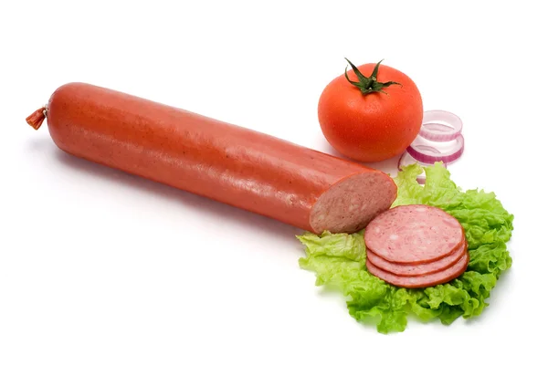 Salami stick and slices — Stock Photo, Image