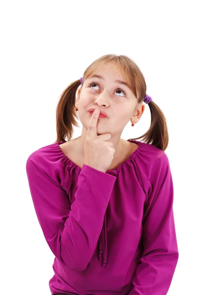 Tiener meisje denken en houden vinger aan monding — Stockfoto