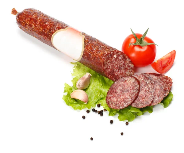 Salame bastone con etichetta vuota e fette intorno — Foto Stock