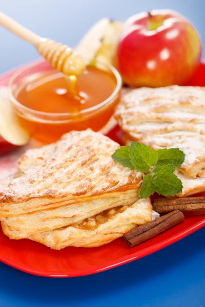 Apple cakes on plate, honey and apple pieces around — Stock Photo, Image