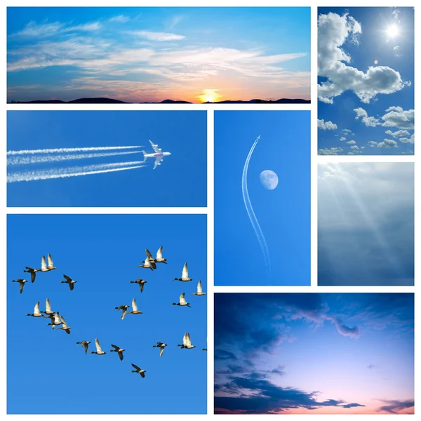 Collage azul de imágenes relacionadas con el cielo — Foto de Stock
